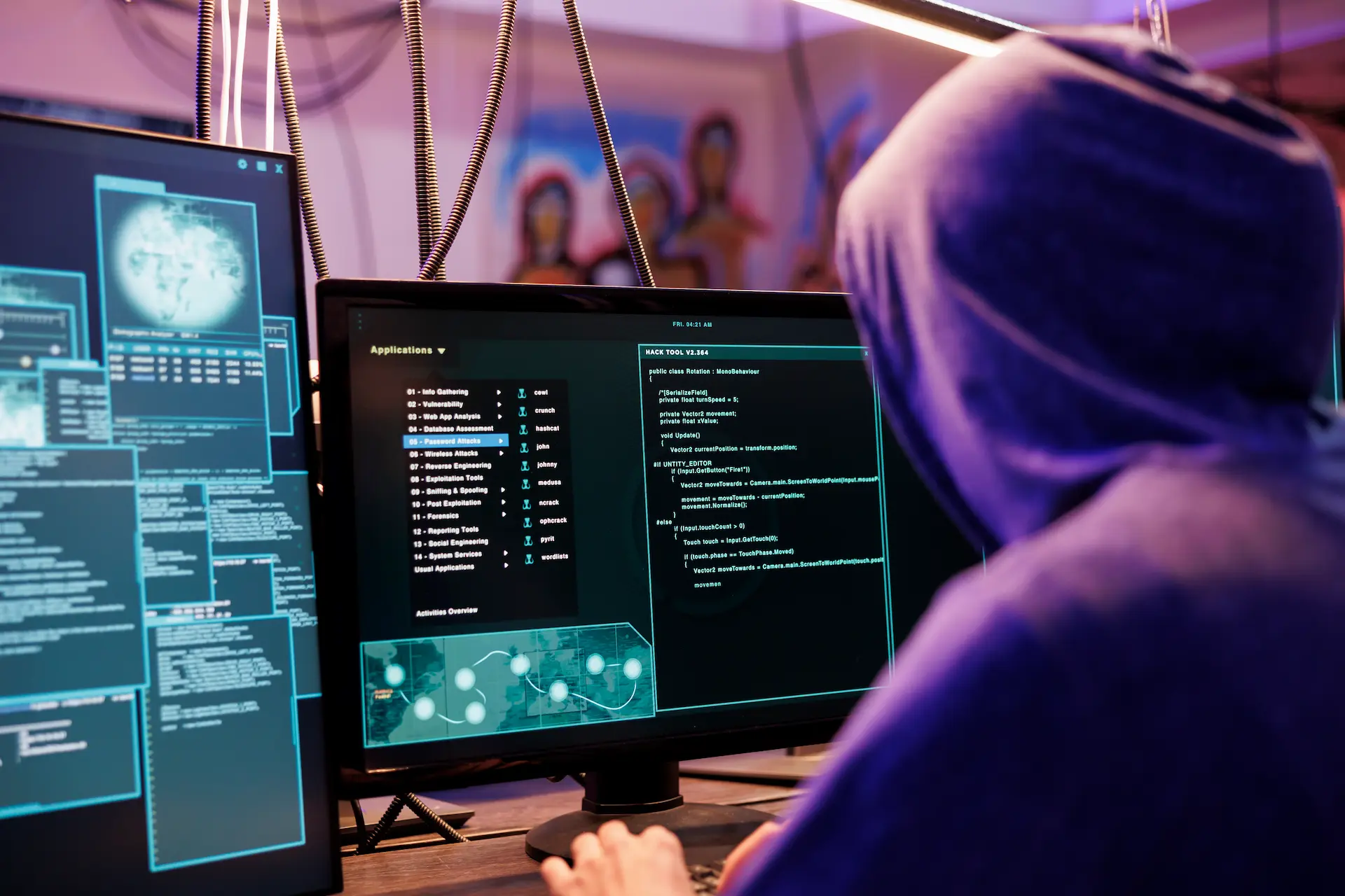 In a bustling New York IT office, a person in a hoodie is delving into IT support tasks at a computer, surrounded by multiple monitors displaying code and data. The vibrant city skyline can be seen through the window, underscoring the fast-paced environment where cutting-edge technology meets real-time solutions.