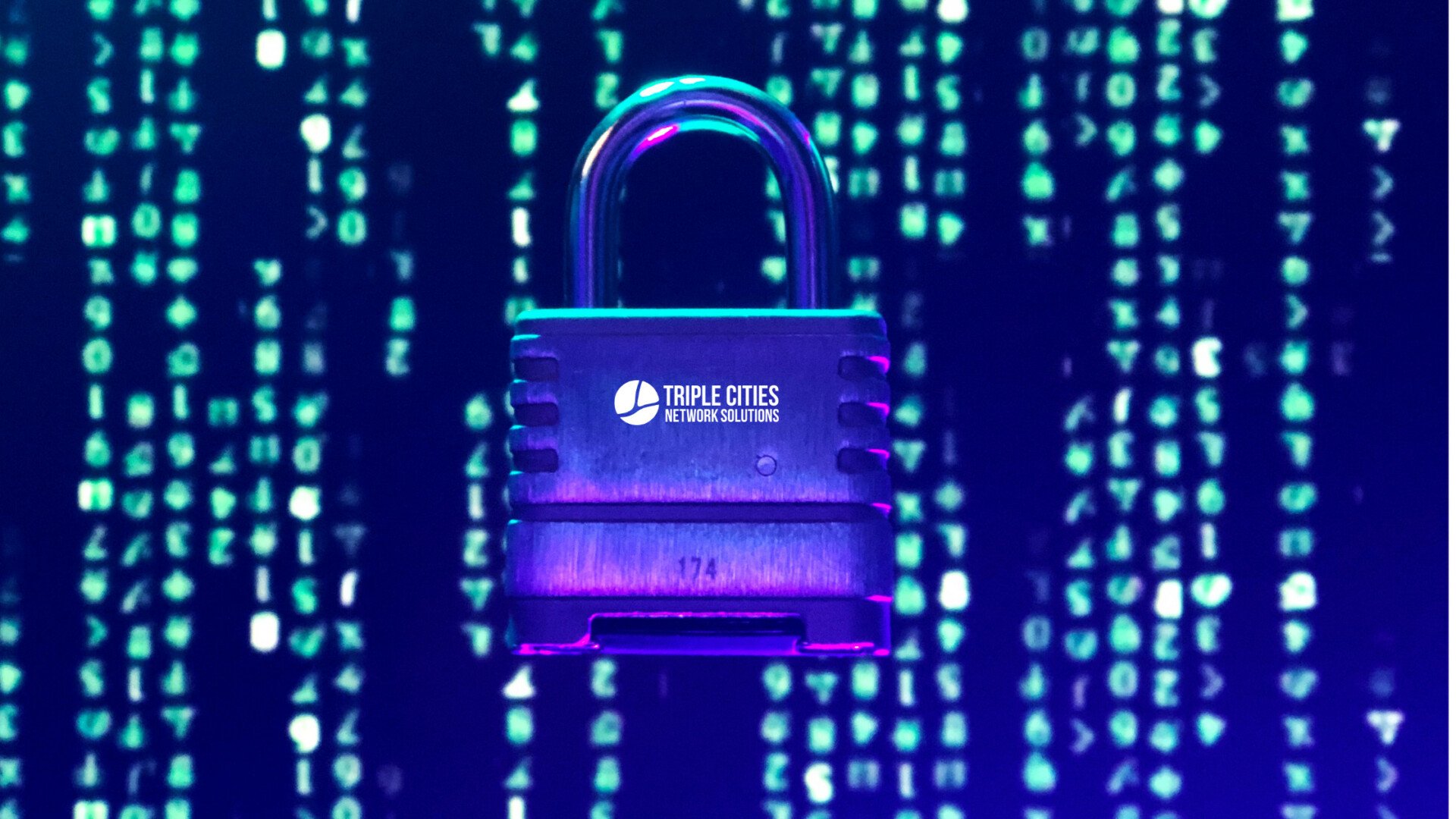 A padlock is centered against a backdrop of green binary code, symbolizing digital security. The words "Triple Cities Network Solutions" are prominently displayed on the lock, representing the company's commitment to secure networking. In the background, you can also see subtle hints of New York's skyline and elements related to New York IT, reflecting the connection between advanced technology solutions and one of the world's leading tech hubs.