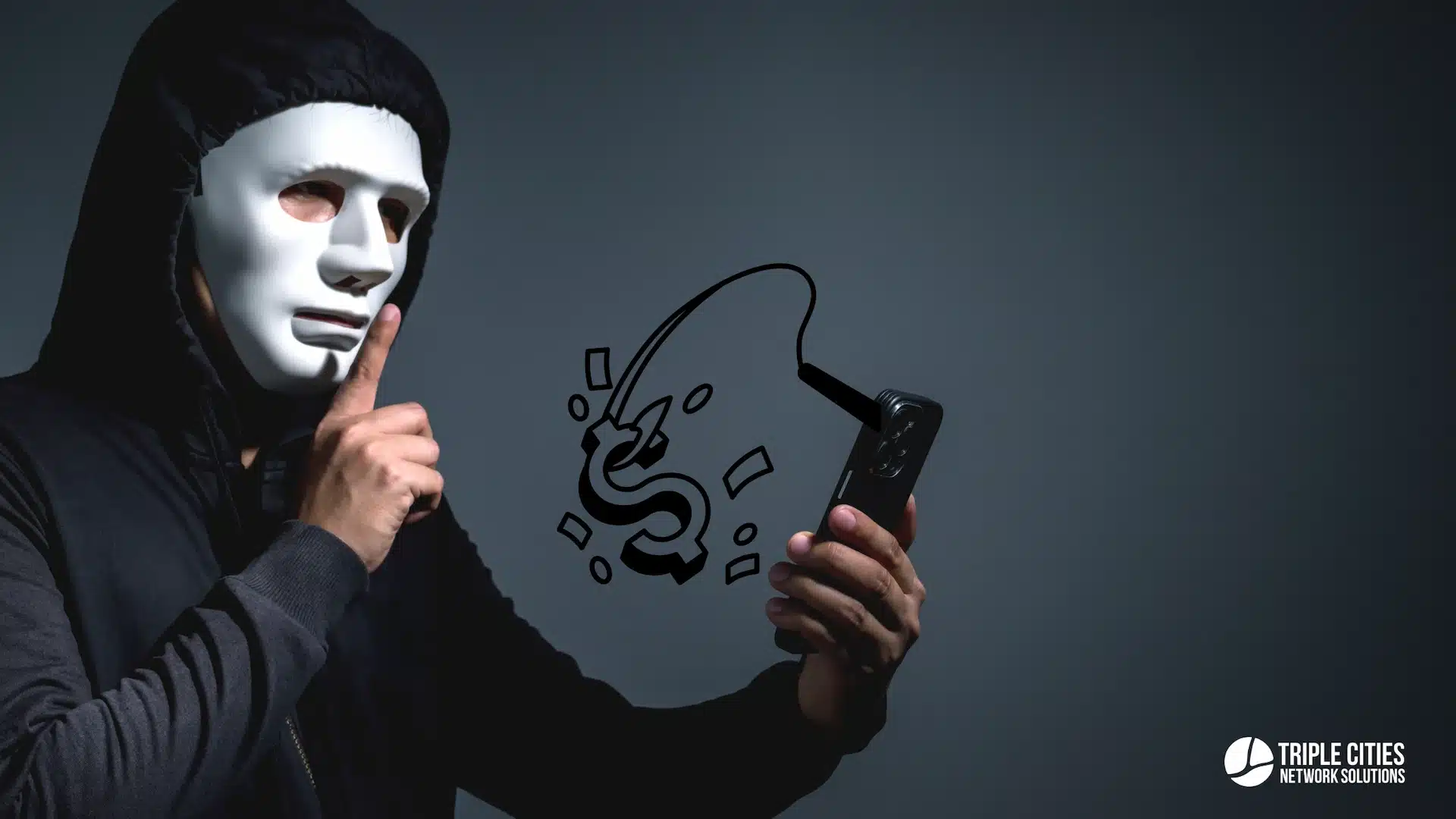 A person in a white mask clutches a phone, displaying a phishing hook illustration symbolic of Business Email Compromise (BEC). The logo for Triple Cities Network Solutions, alongside New York IT, graces the corner, emphasizing their collaborative expertise in cybersecurity solutions.