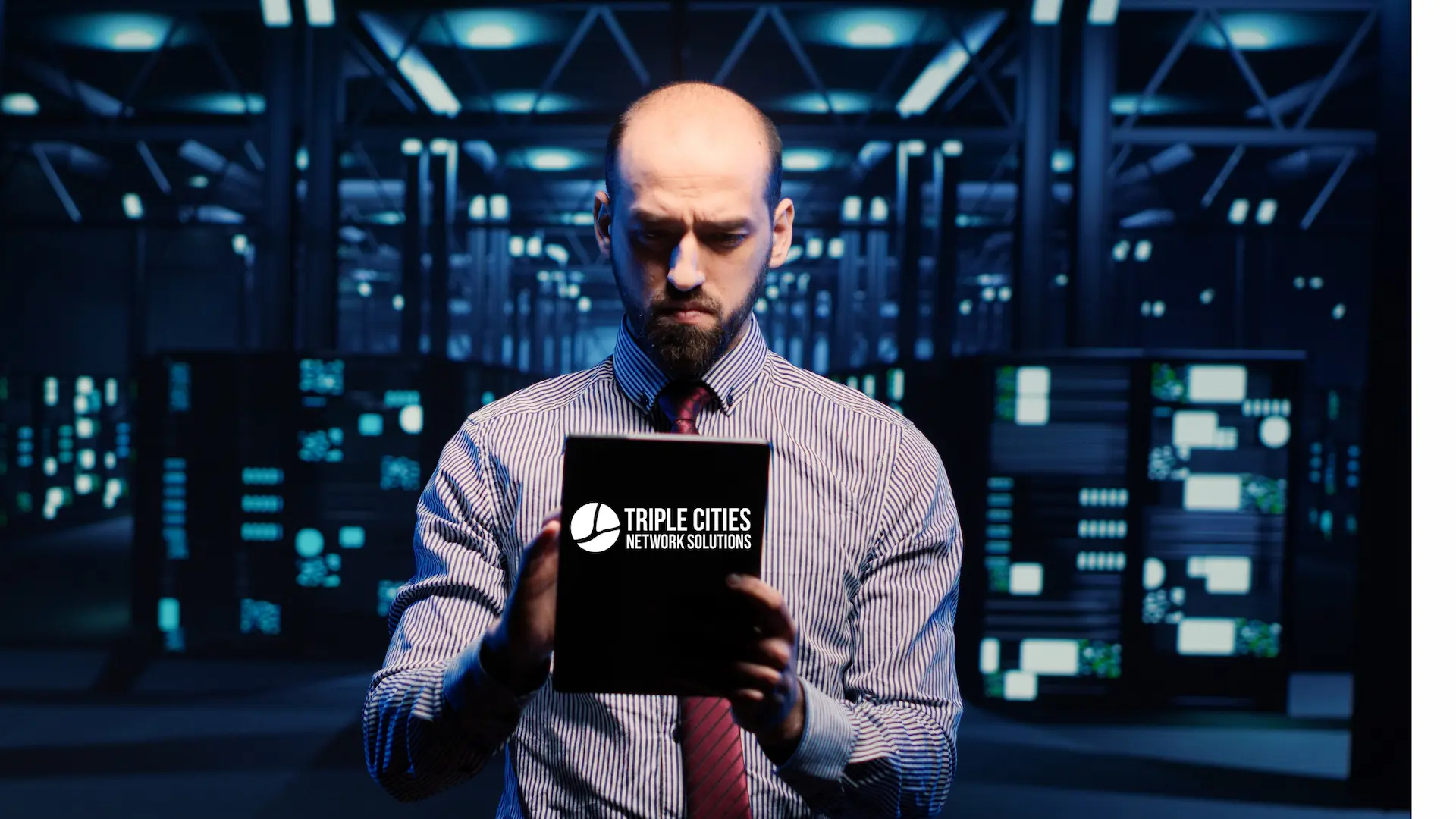 A man holding a tablet stands in the server room, showcasing both the "Triple Cities Network Solutions" and "New York IT" logos. As an expert in managed IT services, he ensures seamless tech operations with precision and reliability across both regions.