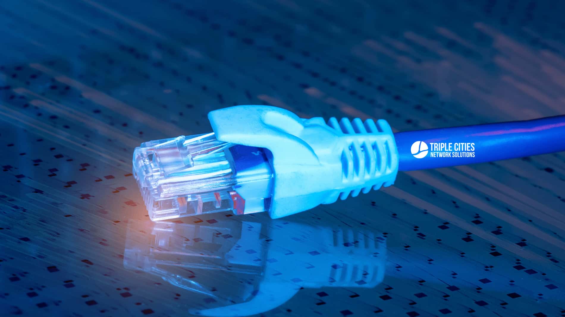 Close-up of a blue Ethernet cable, embodying the excellence of "Triple Cities Network Solutions," resting on a reflective surface, symbolizing the finesse in structured cabling. This image reflects not only their craftsmanship but also echoes the innovative spirit found in New York's dynamic IT sector.